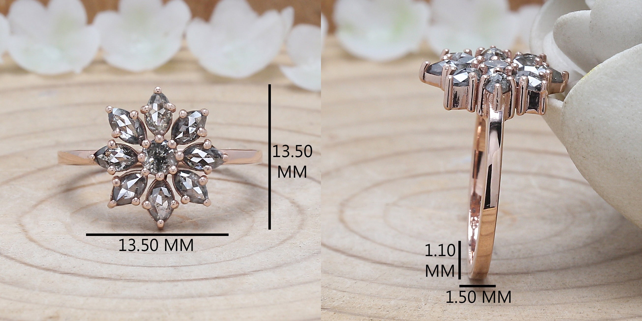 Marquise Cut Salt And Pepper Diamond Ring 0.93 Ct 4.65 MM Marquise Diamond Ring 14K Rose Gold Silver Engagement Ring Gift For Her QL1312