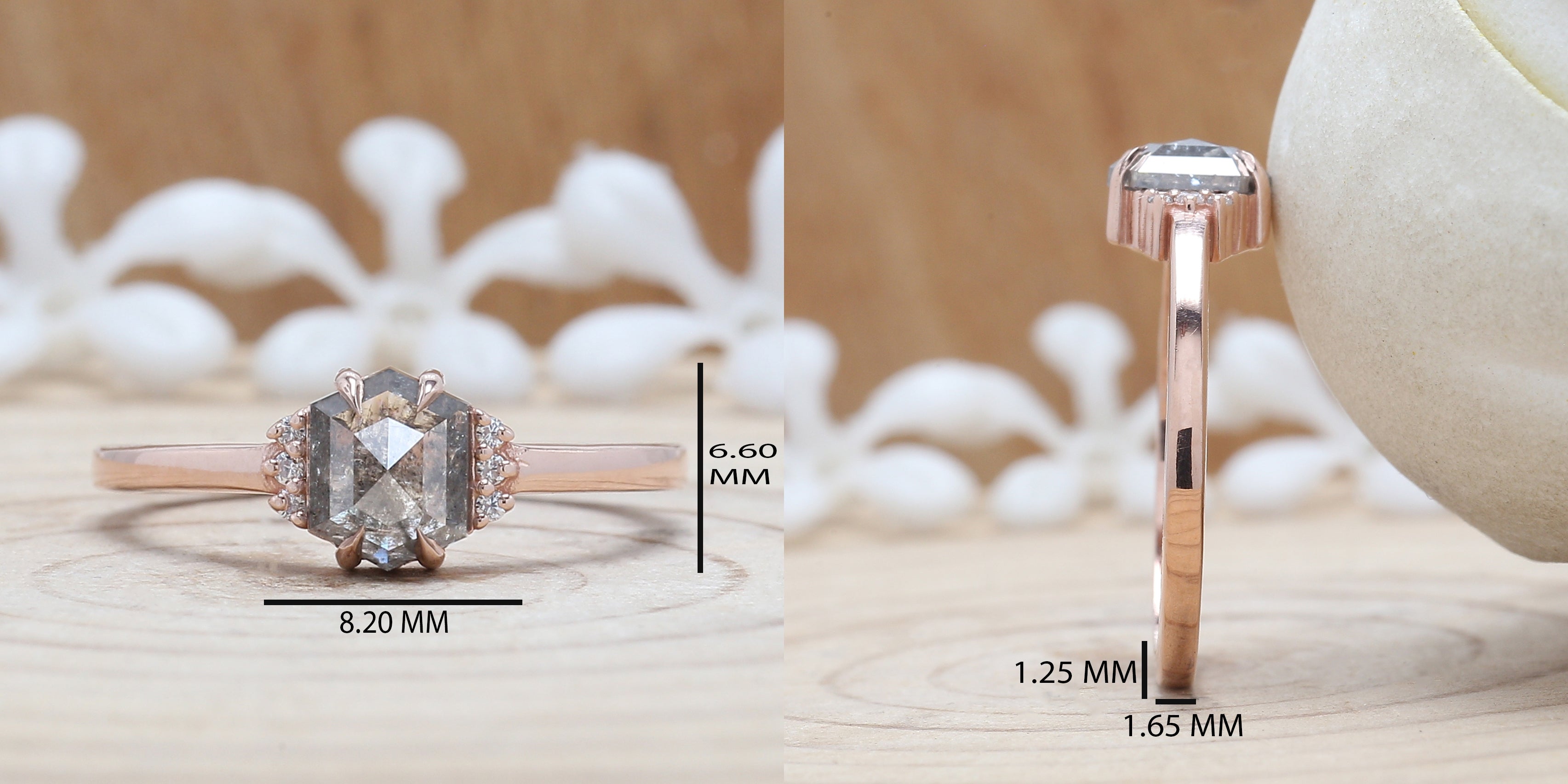 Hexagon Cut Salt And Pepper Diamond Ring 0.97 Ct 6.60 MM Hexagon Cut Diamond Ring 14K Rose Gold Silver Engagement Ring Gift For Her QN932