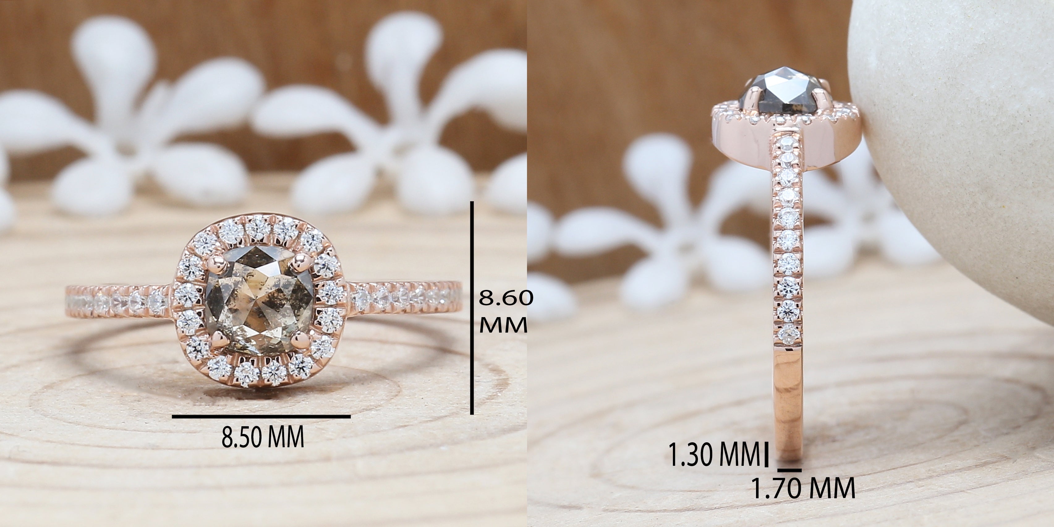 0.85 Ct Natural Cushion Cut Salt And Pepper Diamond Ring 5.35 MM Cushion Shape Diamond Ring 14K Solid Rose Gold Silver Engagement Ring QN709