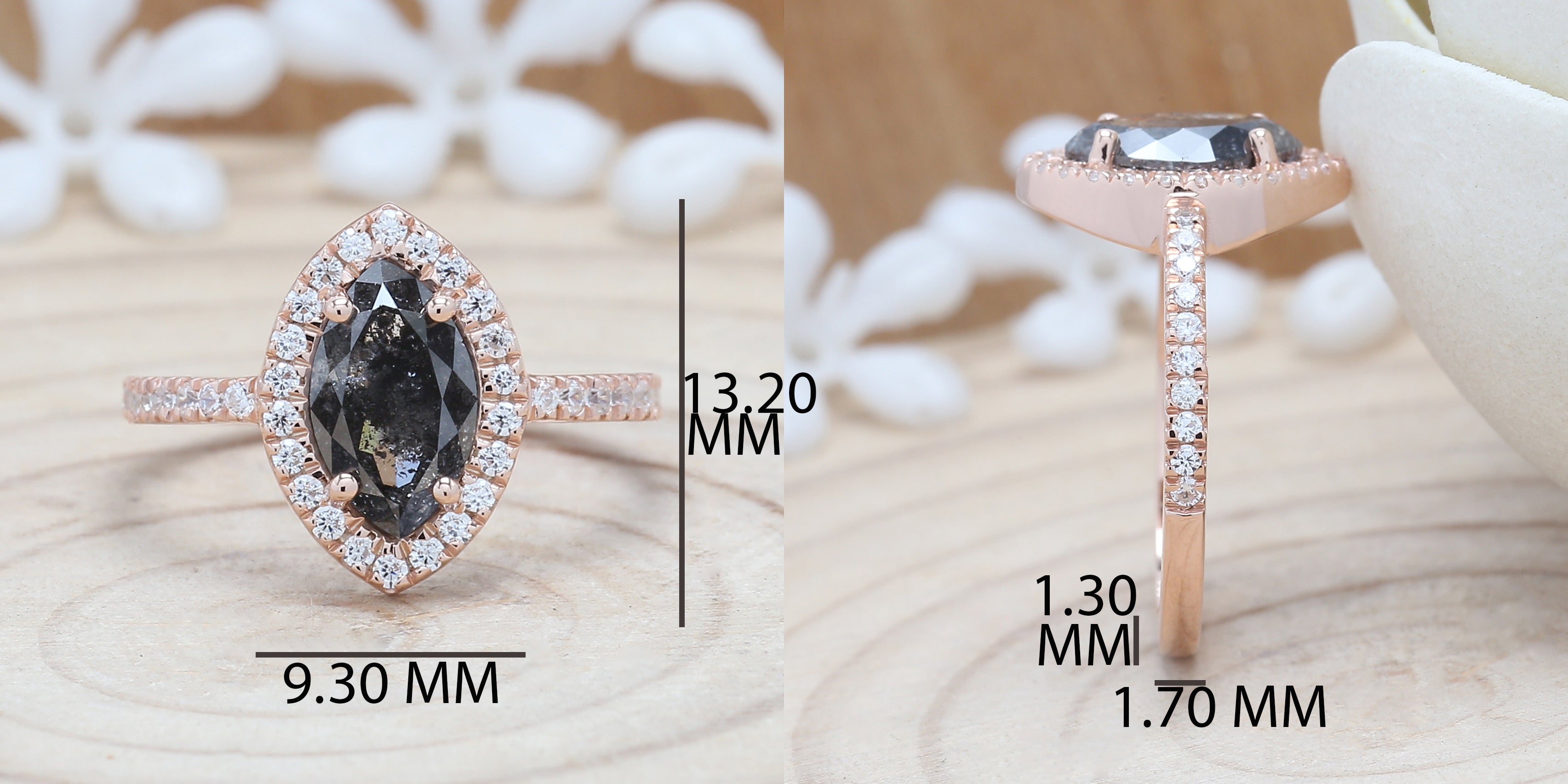 Marquise Cut Salt And Pepper Diamond Ring 1.38 Ct 9.40 MM Marquise Diamond Ring 14K Rose Gold Silver Engagement Ring Gift For Her QN9204
