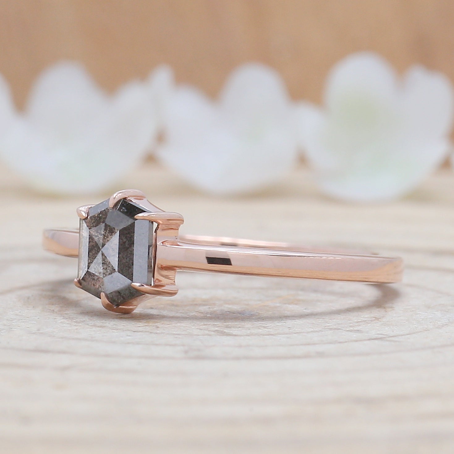 Hexagon Cut Salt And Pepper Diamond Ring 0.59 Ct 5.85 MM Hexagon Cut Diamond Ring 14K Rose Gold Silver Engagement Ring Gift For Her QL935