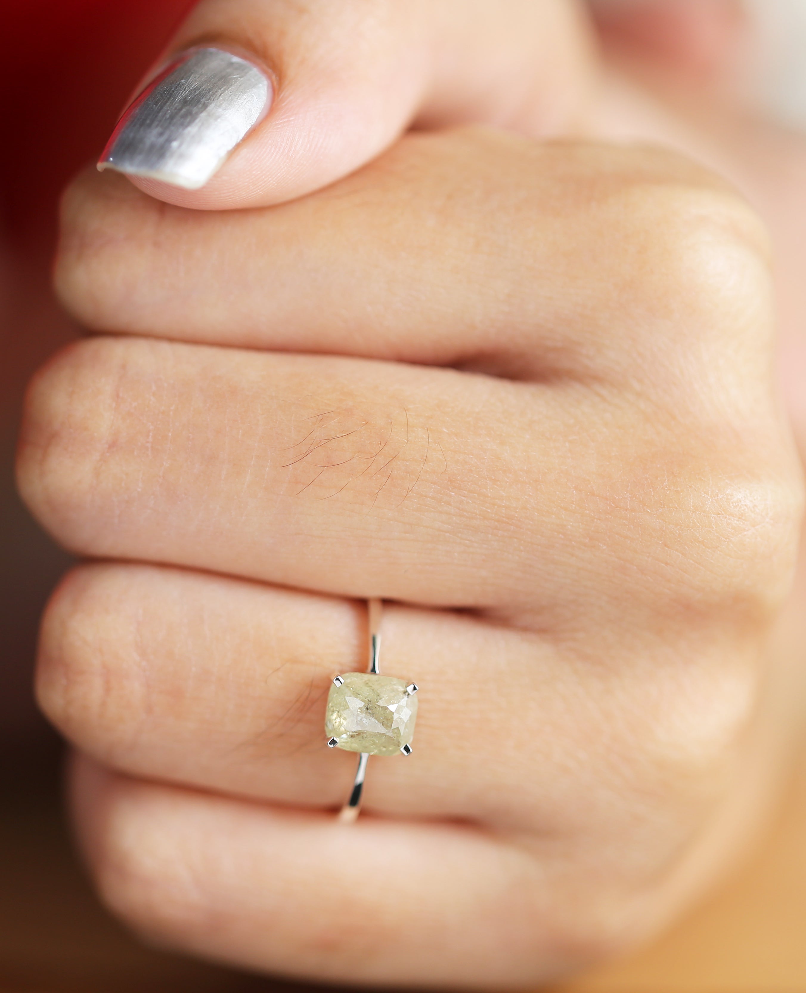 1.70 CT Yellow Diamond Ring,Grey Diamond Ring, Cushion Cut Diamond Ring, Engagement Ring, Rose Cut Diamond Ring,14K White Gold Ring,KDL7412