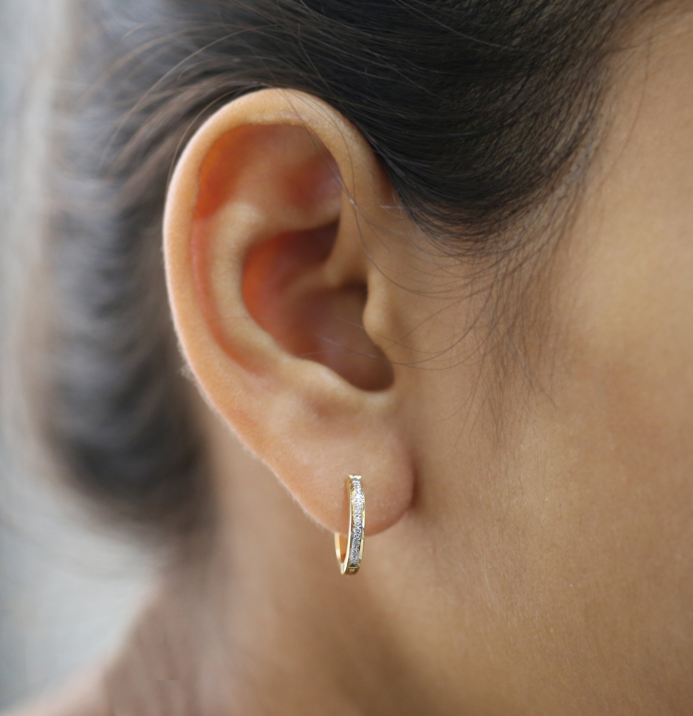 Natural White Round Diamond Earring 14K Yellow Gold Hoop Earring Valentine Gift KD900