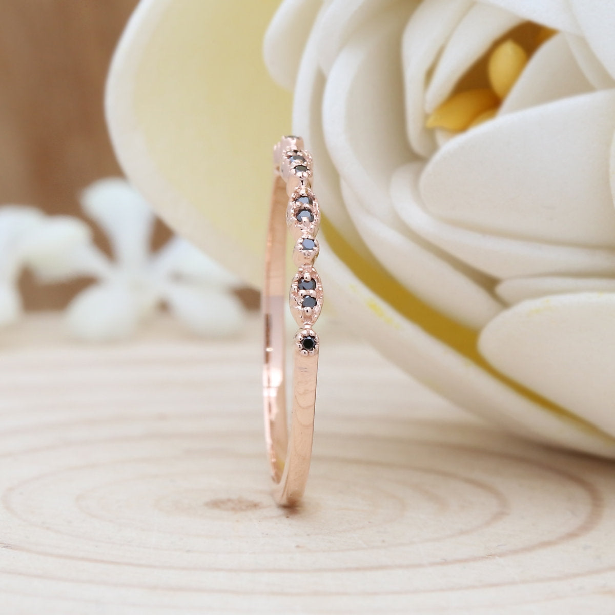 14K Rose Gold Band Natural Black Round Diamond Ring Engagement Wedding Bridal Gift Ring KD077