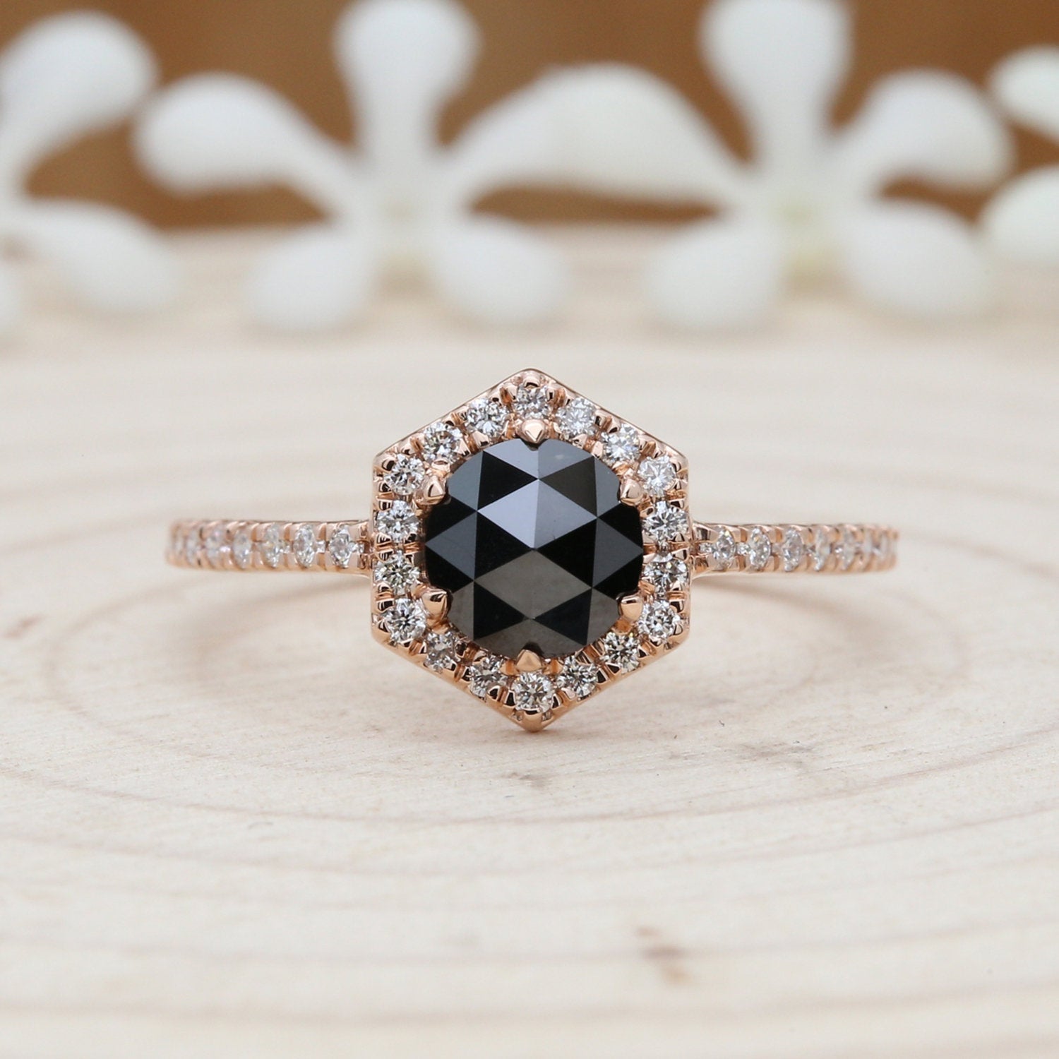 Black Round Rose Cut Diamond 14K Solid Gold Ring Engagement Wedding Gift Ring KD309
