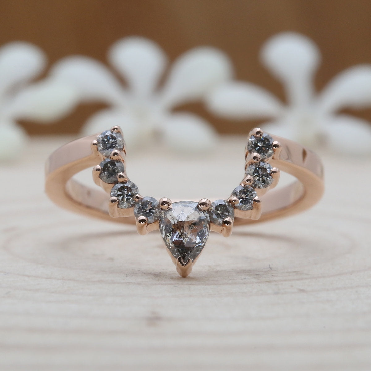 14K Rose Gold Band Salt And Pepper Pear Diamond Ring Engagement Wedding Gift Ring KD259
