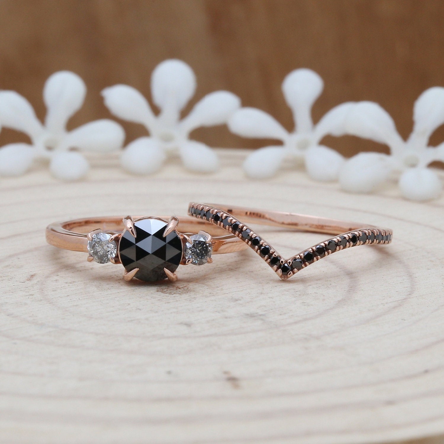 14K Gold 1.30 CTW Vintage Natural Black Diamond Engagement Ring Black Round Twisted Band Wedding Ring Set Bridal Set Gift For Her KD238