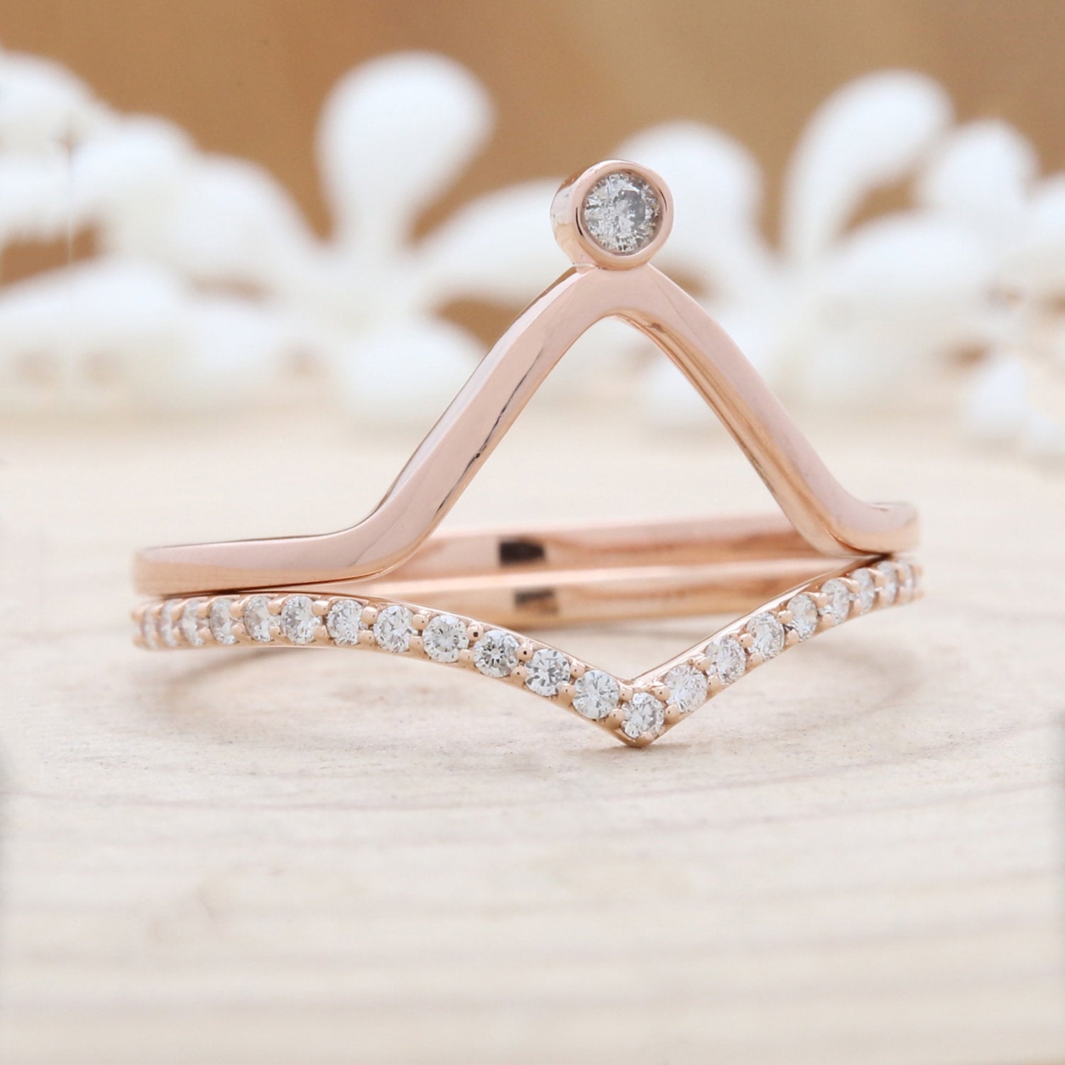 Salt And Pepper Round Diamond 14K Rose Gold Ring Band Engagement Wedding Gift Band Ring KD620