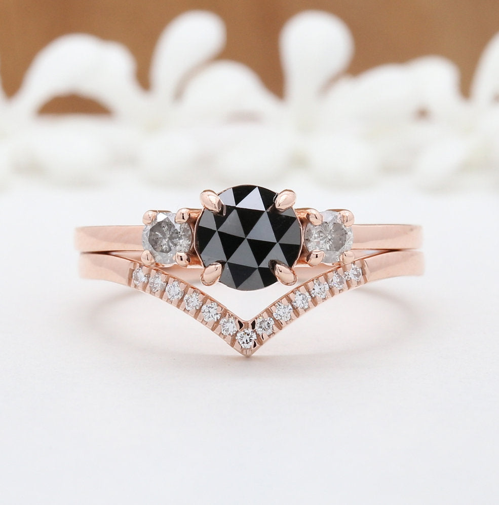 Round Rose Cut Diamond 14K Solid Rose Gold Ring Set Engagement Wedding Gift Ring KD686