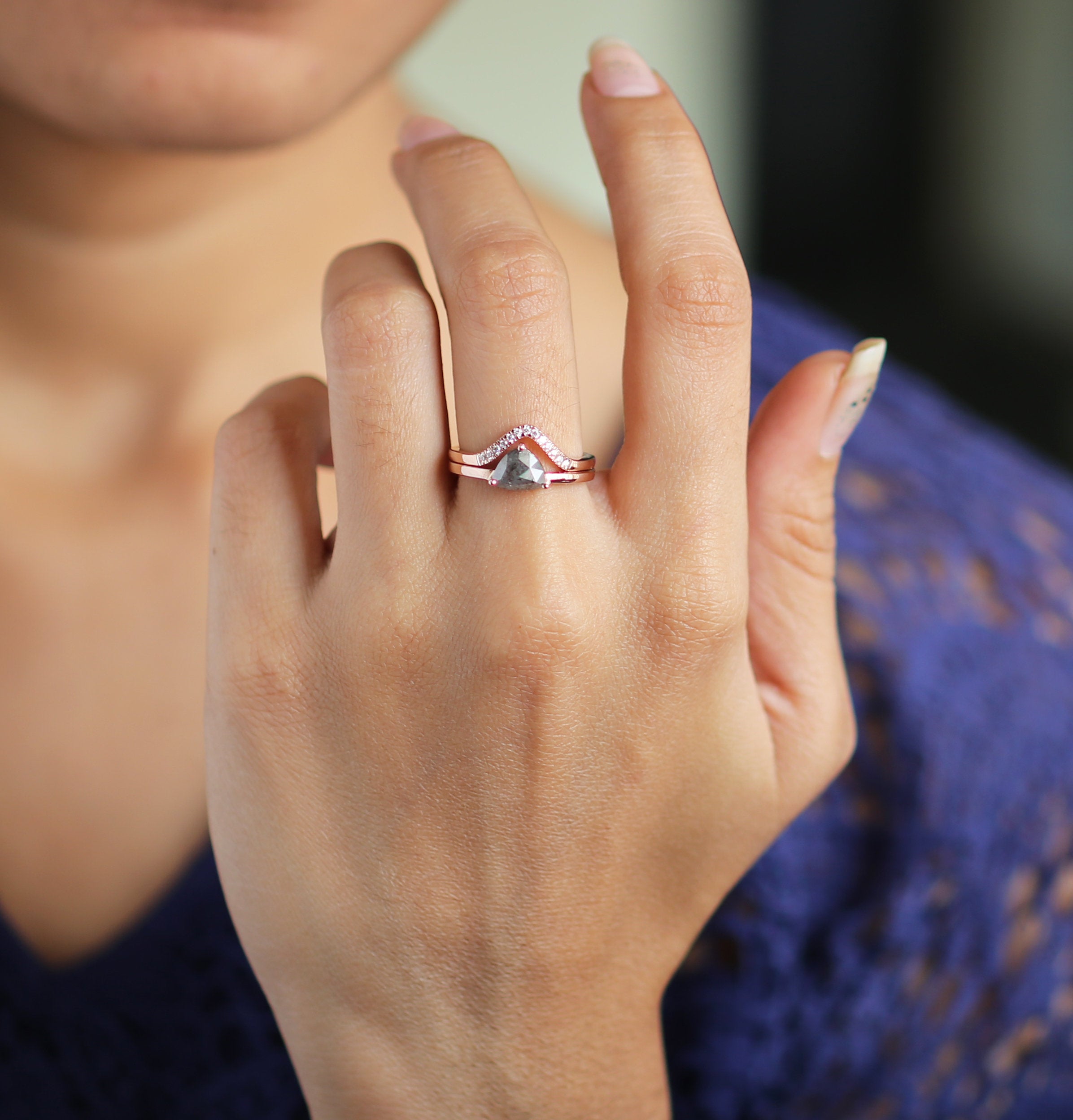 Triangle Cut Salt And Pepper Diamond Ring 1.63 Ct 6.35 MM Triangle Diamond Ring 14K Solid Rose Gold Silver Engagement Ring Gift For Her QL2986