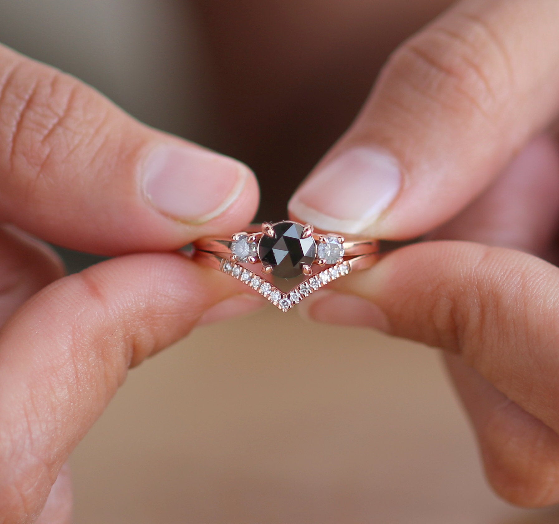 Round Rose Cut Diamond 14K Solid Rose Gold Ring Set Engagement Wedding Gift Ring KD686