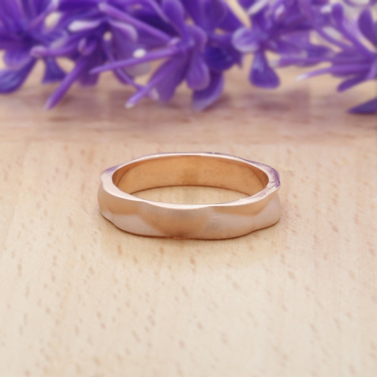 Couple Wedding Hammer Band Ring 14K Rose White Yellow Solid Matte Gold Ring Engagement Gift Ring KD781