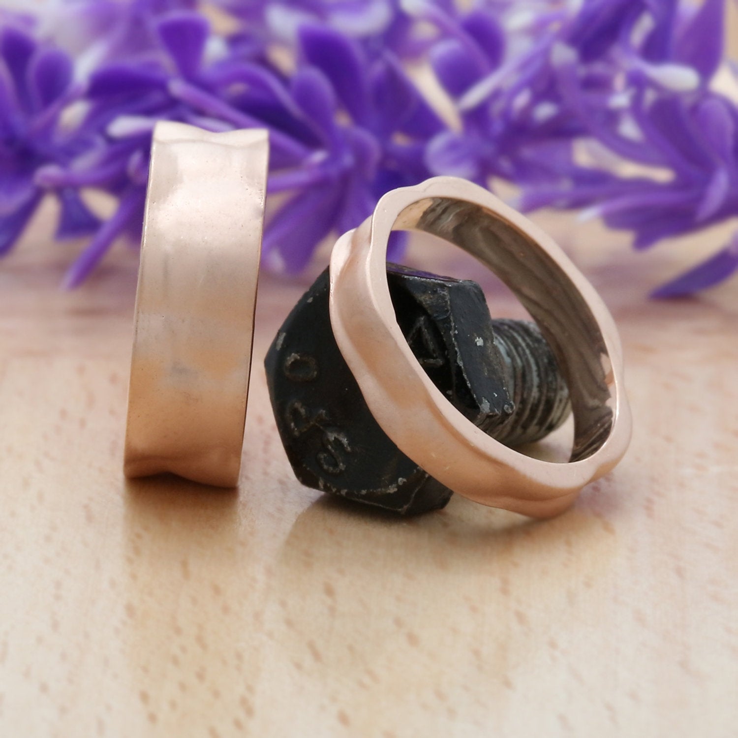 Couple Wedding Hammer Band Ring 14K Rose White Yellow Solid Matte Gold Ring Engagement Gift Ring KD781