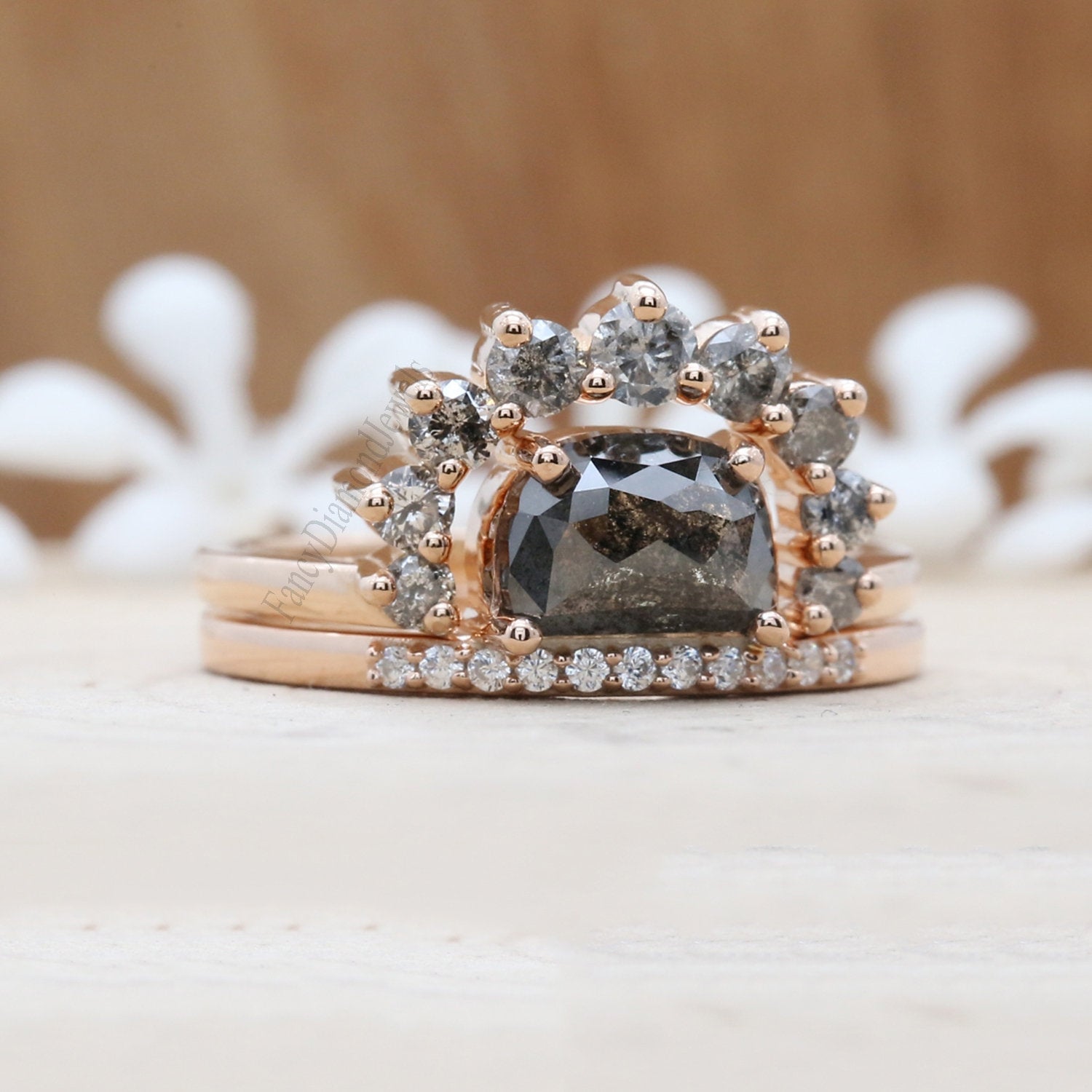 Salt And Pepper Half Moon Diamond 14K Solid Gold Ring Set Engagement Wedding Gift Ring KD803