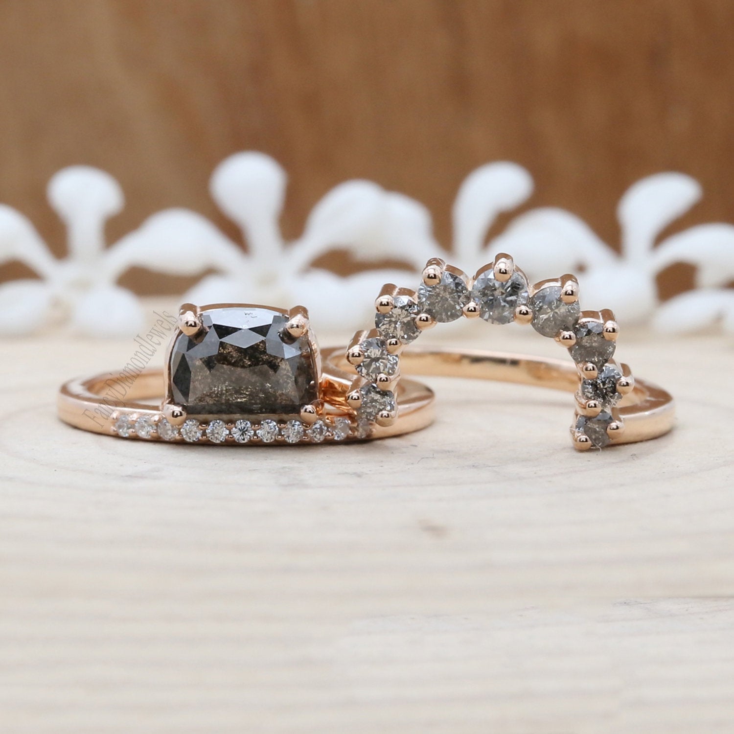 Salt And Pepper Half Moon Diamond 14K Solid Gold Ring Set Engagement Wedding Gift Ring KD803