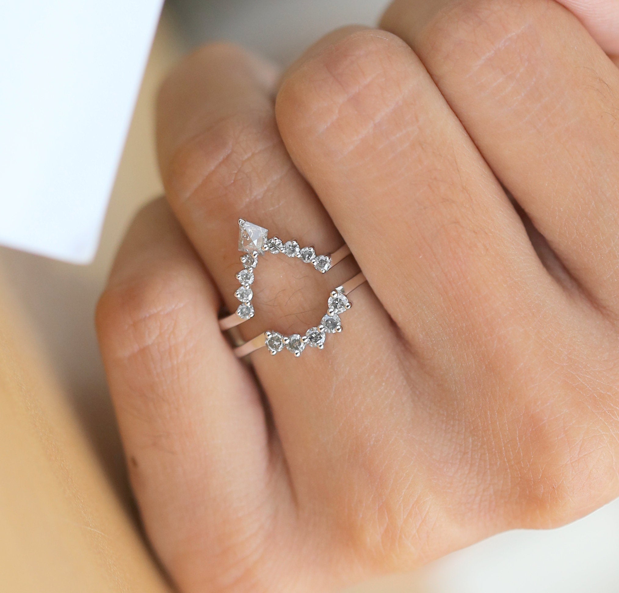 Salt And Pepper Kite Diamond 14K Solid Gold Ring Engagement Wedding Gift Ring KD698