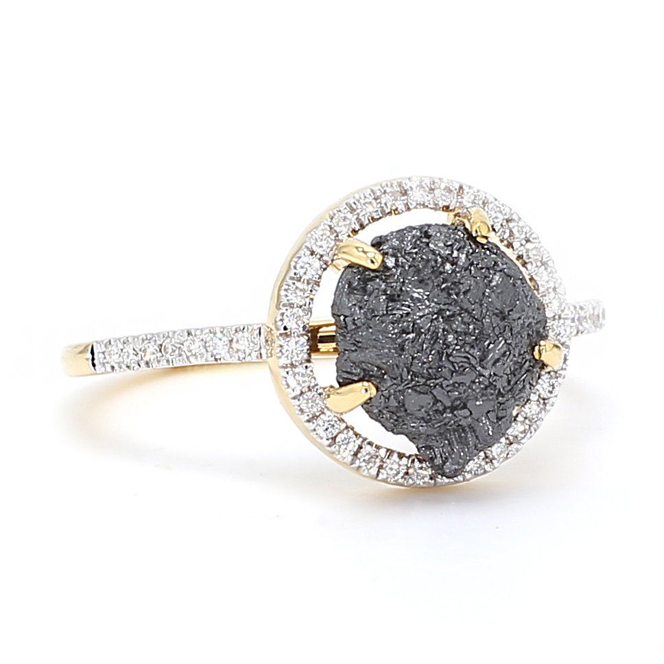 Natural Black Rough Diamond 14K Yellow Gold Ring Engagement Wedding Bride Ring KD046