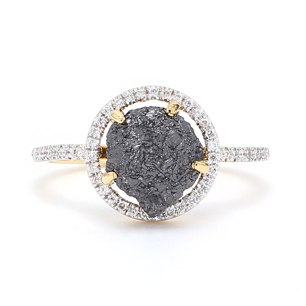 Natural Black Rough Diamond 14K Yellow Gold Ring Engagement Wedding Bride Ring KD046