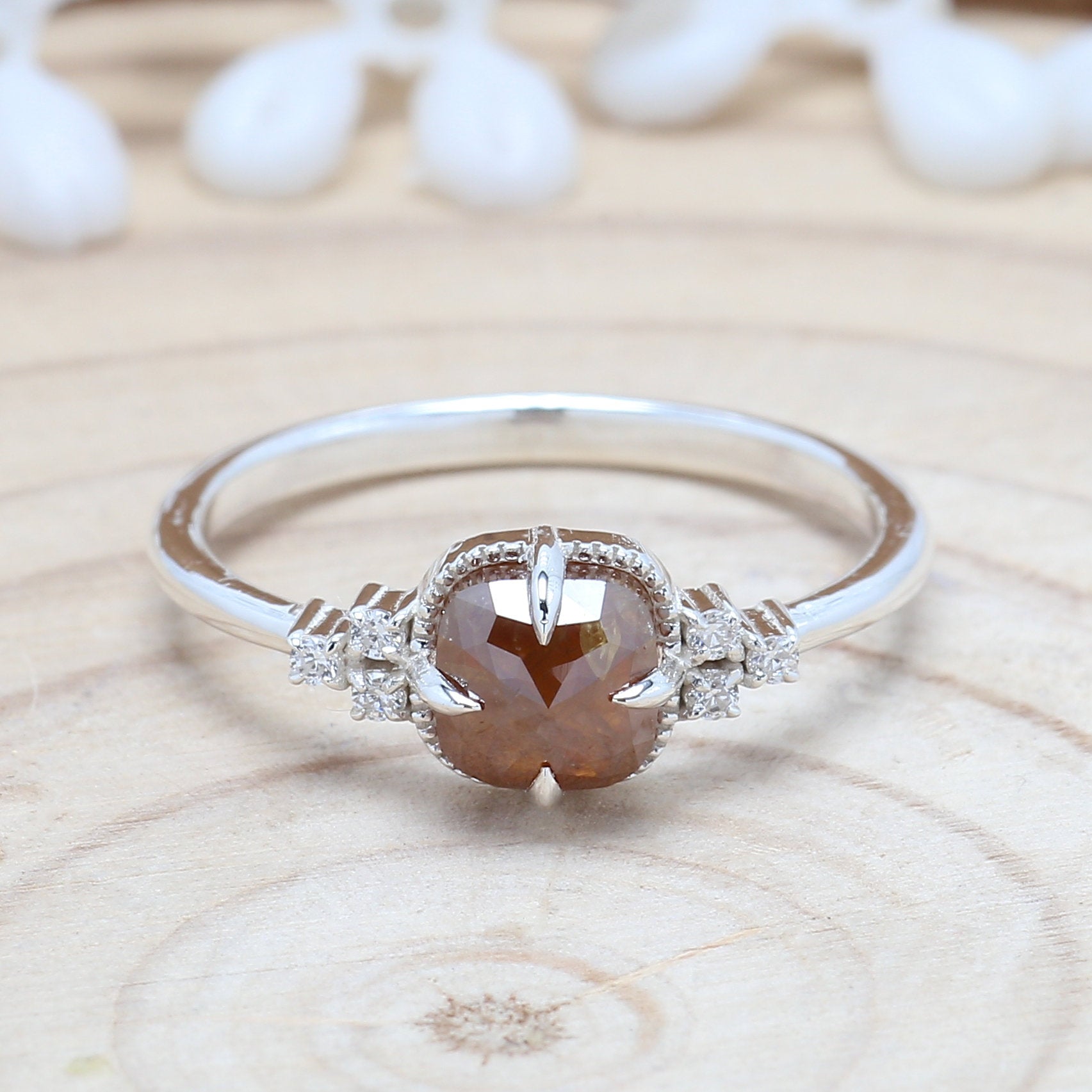 Brown Cushion Diamond 14K Solid Rose White Yellow Gold Ring Engagement Wedding Gift Ring KDN9211