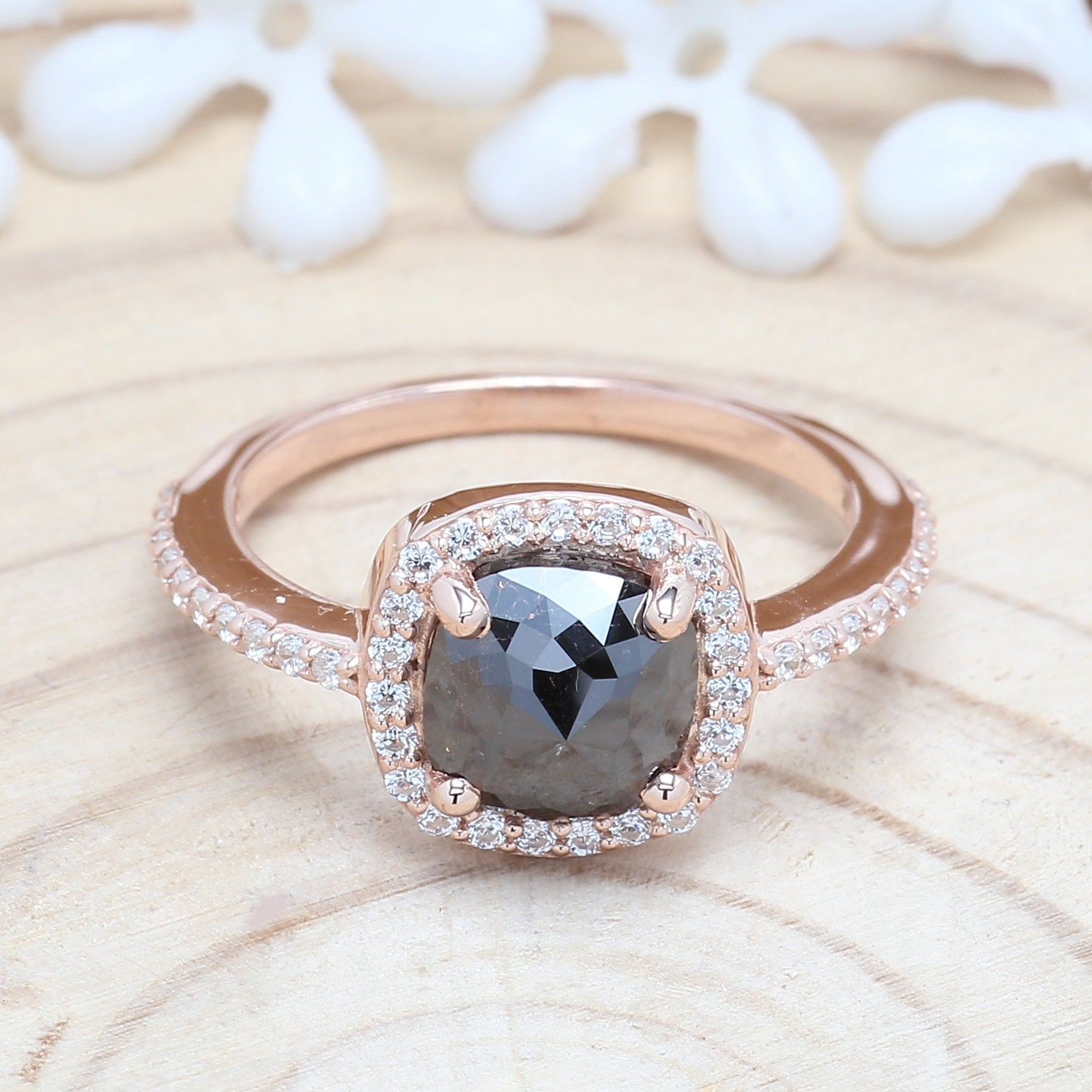 Black Cushion Diamond 14K Solid Rose White Yellow Gold Ring Engagement Wedding Gift Ring KD856