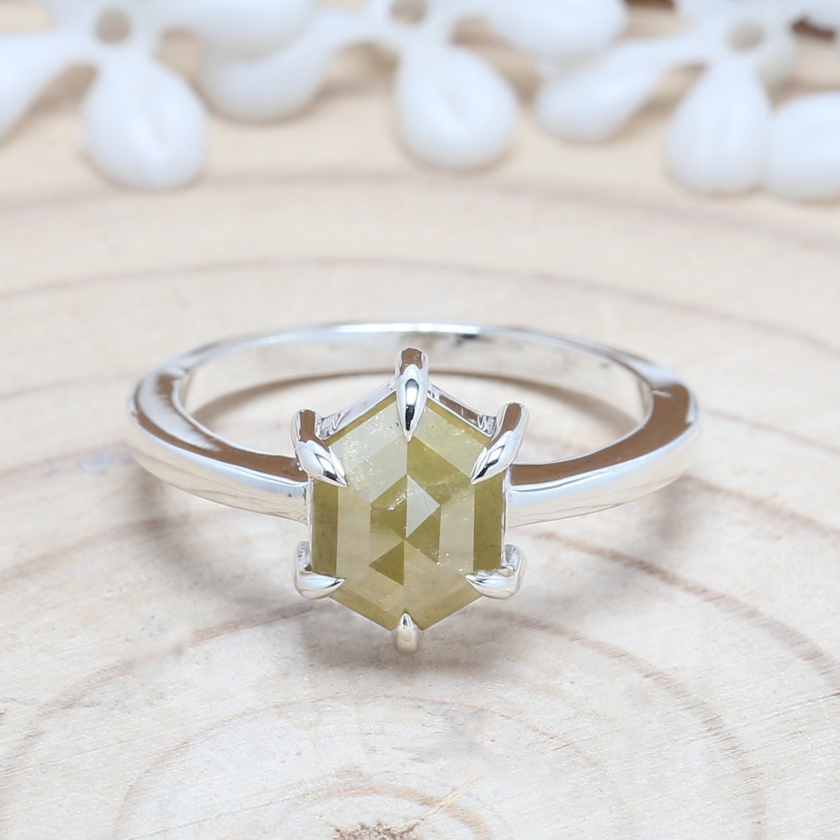 Yellow Hexagon Diamond 14K Solid Yellow White Rose Gold Ring Engagement Wedding Gift Ring KDK1936