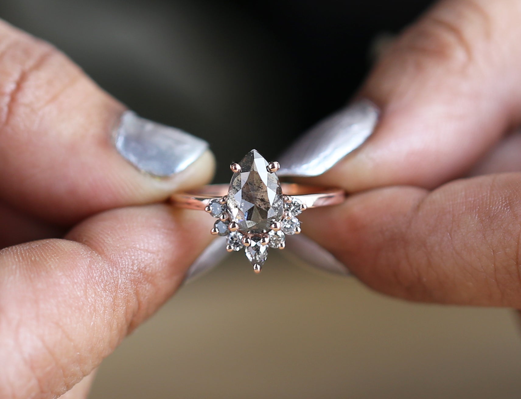 Salt And Pepper Diamond Ring, Engagement Ring, Pear Rose Cut Diamond Ring , 14K Rose Gold Ring ,Wedding Ring , Gift For Her KDL9281