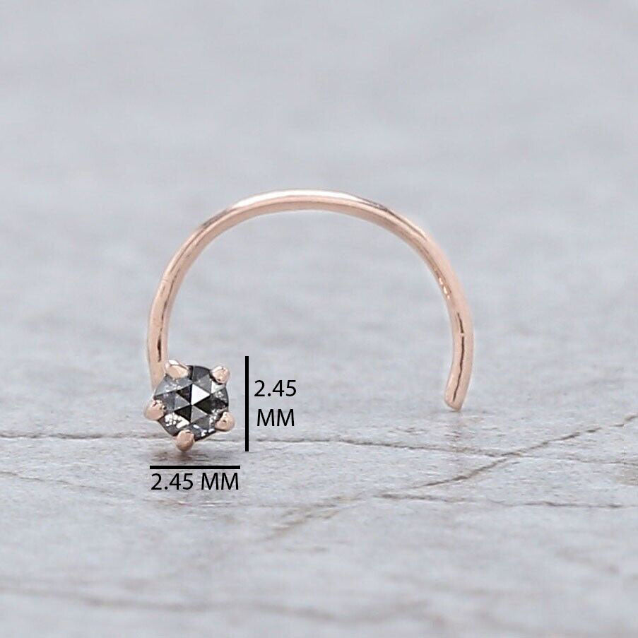 Round Rose Cut Salt And Pepper Diamond Nose Rings Engagement Wedding Gift Nose Ring 14KSolid Rose White Yellow Gold Nose Ring 0.03 CT KD1022