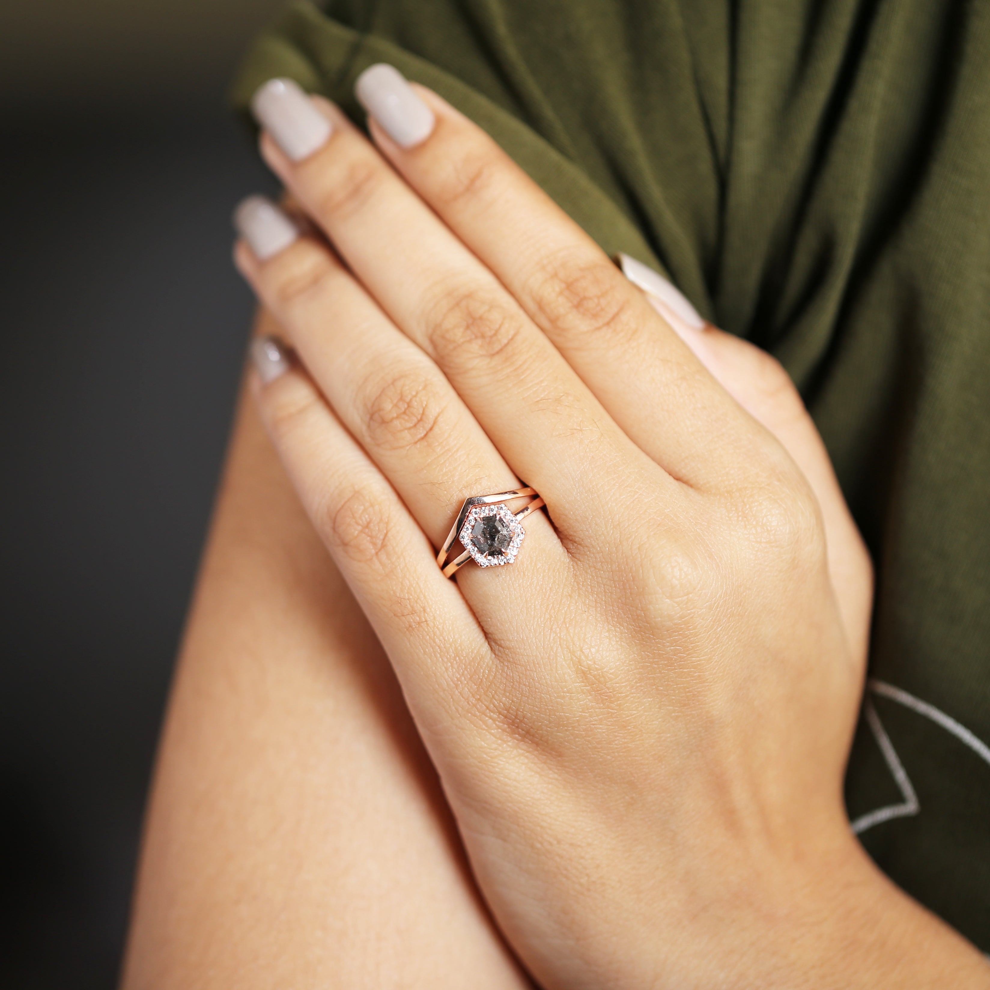 Hexagon Cut Salt And Pepper Diamond Ring 0.88 Ct 6.80 MM Hexagon Cut Diamond Ring 14K Rose Gold Silver Engagement Ring Gift For Her QL9968