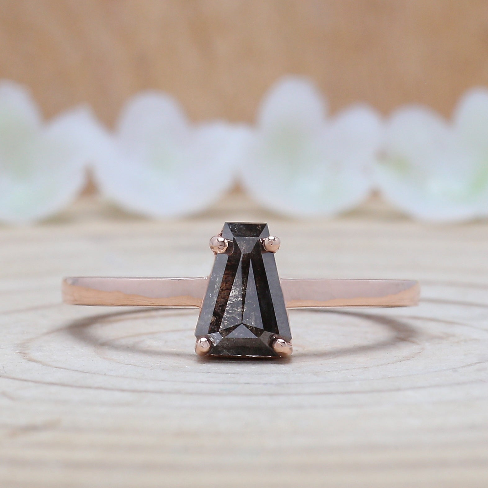 Coffin Cut Salt And Pepper Diamond Ring 0.73 Ct 7.15 MM Coffin Diamond Ring 14K Solid Rose Gold Silver Engagement Ring Gift For Her QL1297