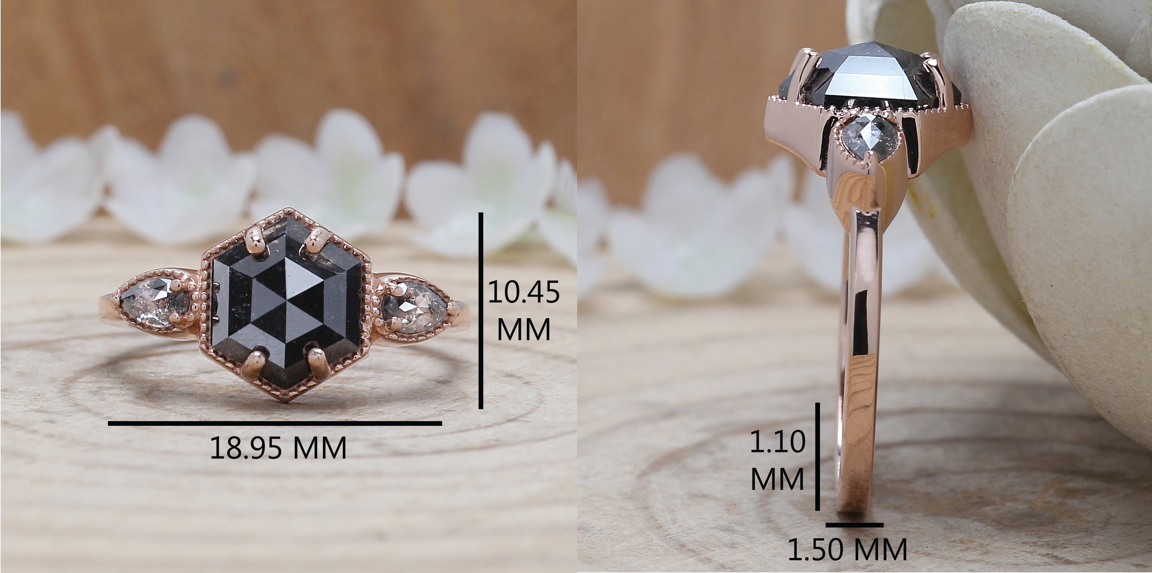 2.45 Ct Natural Hexagon Salt And Pepper Diamond Ring 9.25 MM Hexagon Shape Diamond Ring 14K Solid Rose Gold Silver Engagement Ring QL1092