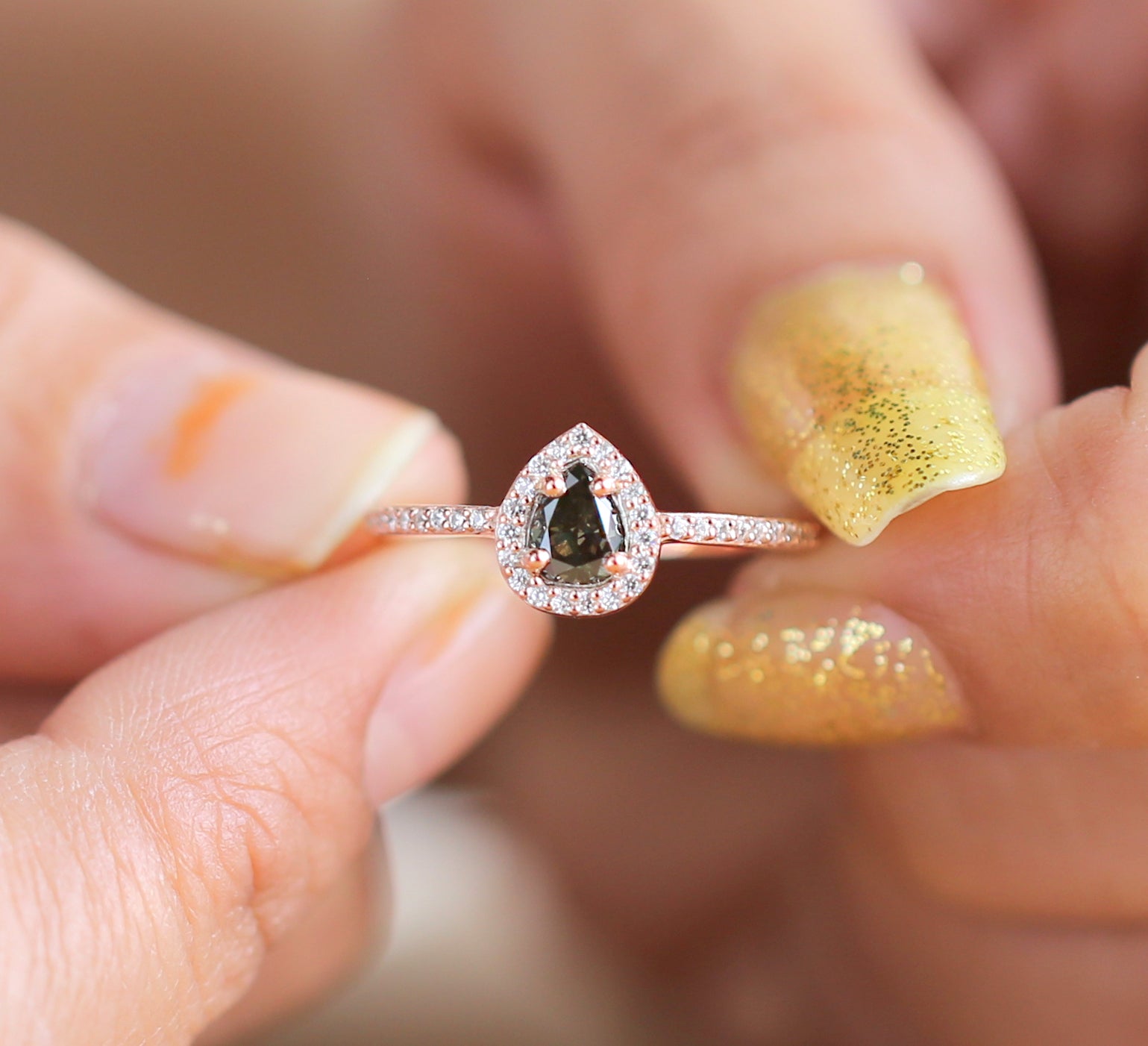 Green Pear Diamond 14K Solid Rose White Yellow Gold Ring Engagement Wedding Gift Ring KDL5135