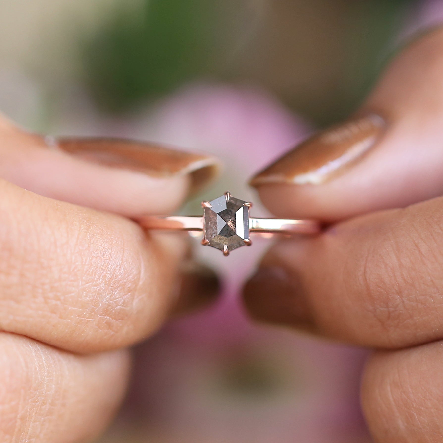 Hexagon Cut Salt And Pepper Diamond Ring 0.59 Ct 5.85 MM Hexagon Cut Diamond Ring 14K Rose Gold Silver Engagement Ring Gift For Her QL935