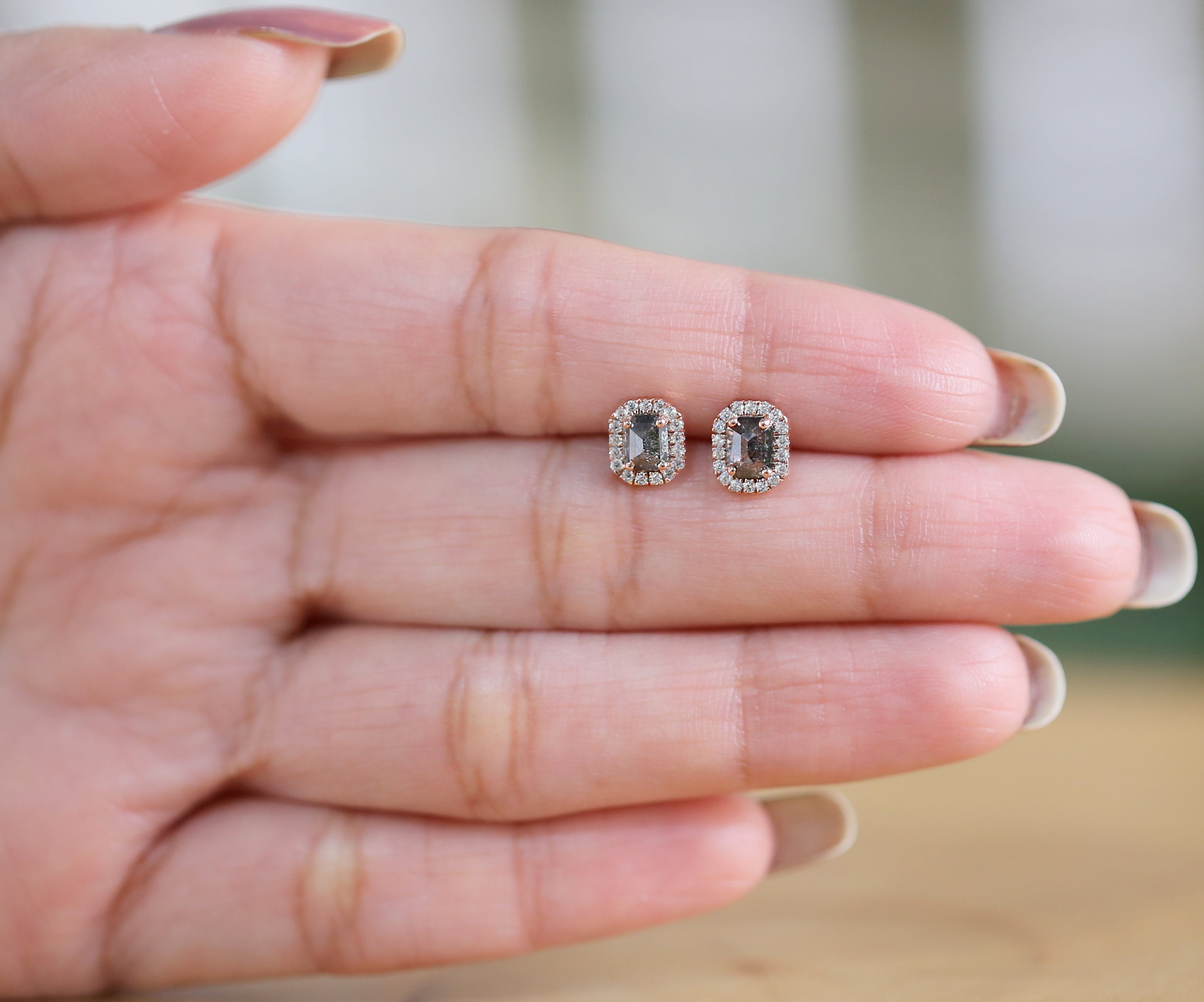 0.65Ct Natural Emerald Salt and Pepper Diamond Earring 4.80 MM Emerald Diamond Earring 14K Solid Rose Gold Silver Engagement Earring QL2544