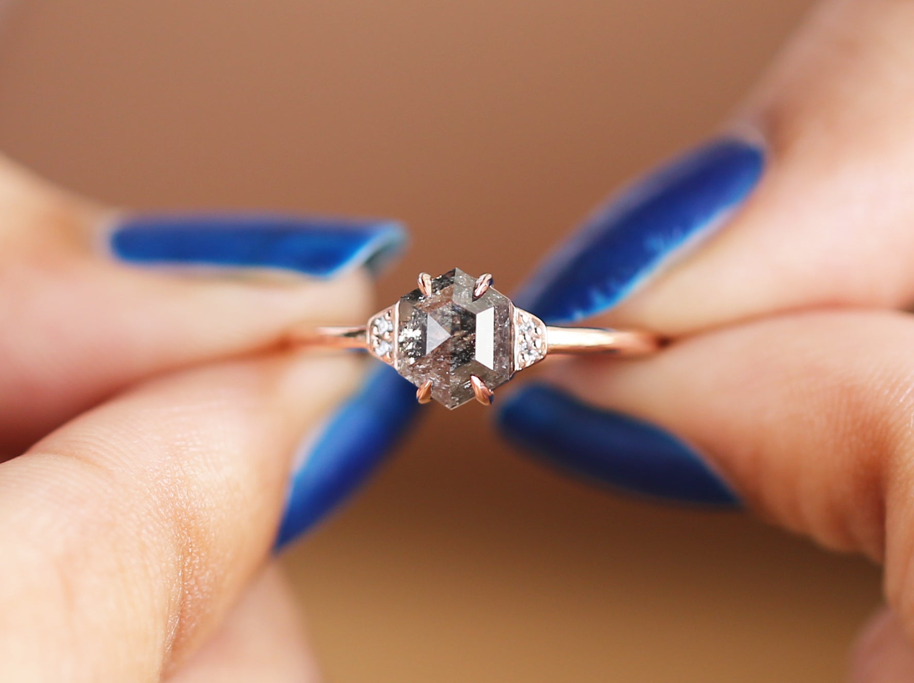 Salt and Pepper Diamond Ring, Engagement Ring,Hexagon Diamond Ring, Rose Cut Ring , 14K Rose Gold Ring ,Wedding Ring , Gift For Her KDL9197