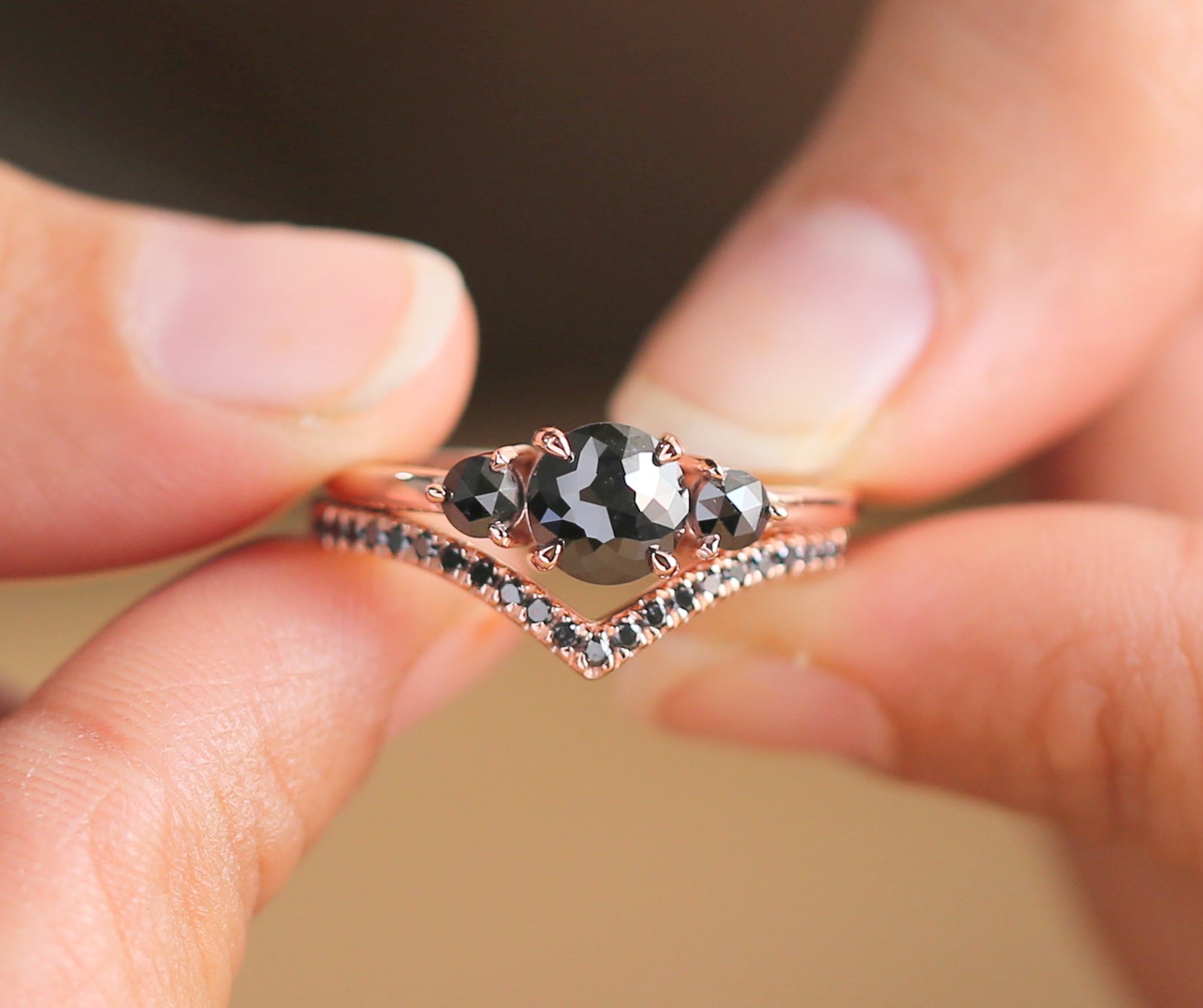Black Round Rose Cut Diamond 14K Solid Rose Gold Ring Set Engagement Wedding Gift Ring KD449